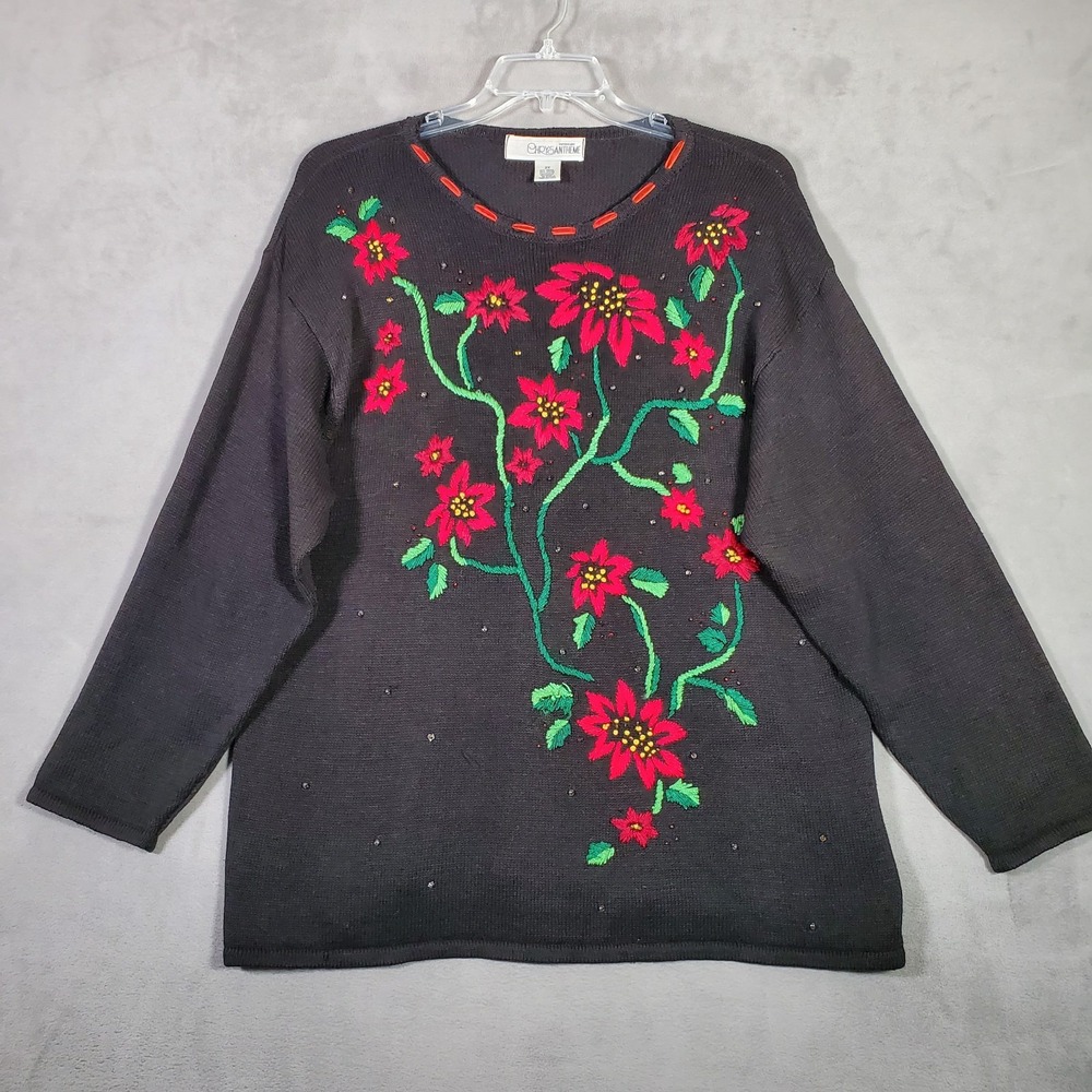 Vintage Christmas Sweater Women 2X Black Poinsettia Embroidered Holiday Festive